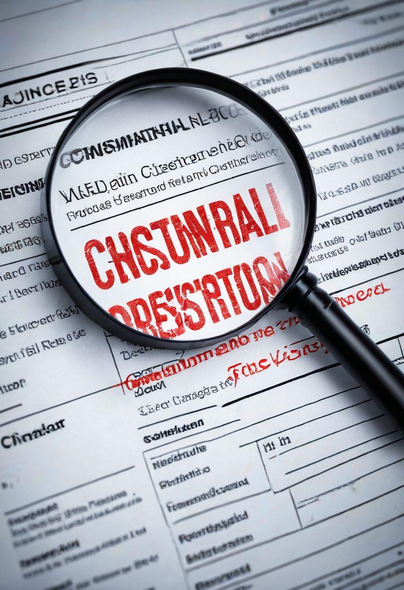 A magnifying glass focusing on a blurry criminal record file, with key elements like fingerprints and a clipboard in the background. Bright red 'CONFIDENTIAL' stamped across the image, symbolizing secrecy and discovery. Surround the scene with law books and digital screens to showcase a blend of traditional and modern background checks. The atmosphere conveys a sense of investigation and revelation. super-realistic. vibrant colors. white background.