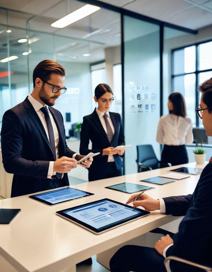 A professional setting with a person reviewing a digital background check on a tablet, surrounded by privacy security symbols like locks and shields. In the background, a diverse group of people peacefully interacting to convey trust and safety. Incorporate a warm color palette and a glass office environment. vector art. vibrant colors. soft focus.